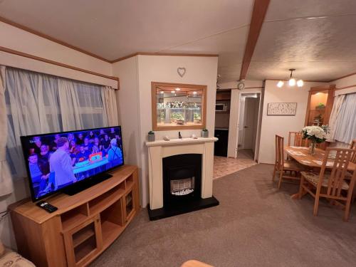 een woonkamer met televisie en open haard bij A & C Coastal Hideaway with outside Decking in East Mersea