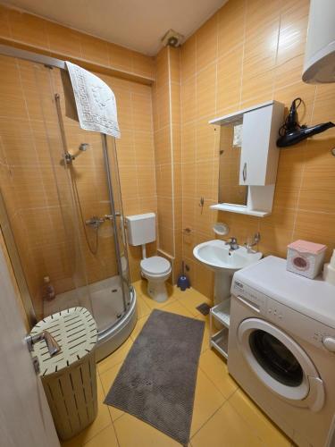 a bathroom with a shower and a washing machine at Villa Nela in Tivat