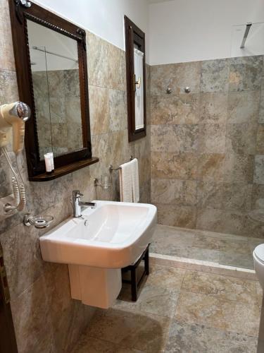 een badkamer met een wastafel en een spiegel bij Hotel Vila Aleksander in Berat