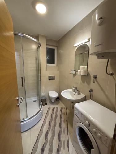 a bathroom with a shower and a sink and a toilet at Apartman Pale - Biljana in Pale