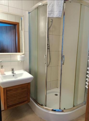 a bathroom with a shower and a sink at Monali in Karpacz