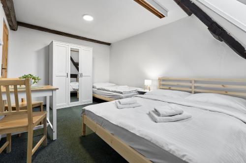 a bedroom with a bed and a desk and a chair at Horská chata Silver by Mountain ways in Boží Dar