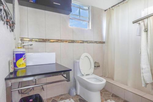 een badkamer met een toilet en een zwart aanrecht bij Modern Cozy Apartment in Buckleys