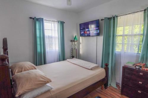 een slaapkamer met een bed met groene gordijnen en een raam bij Modern Cozy Apartment in Buckleys