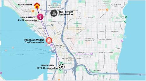a map with a soccer ball on it at Near Space Needle Climate Pledge Roof Deck in Seattle