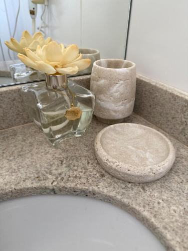 a vase with a flower in it on a sink at Flat completo e confortável in Cuiabá