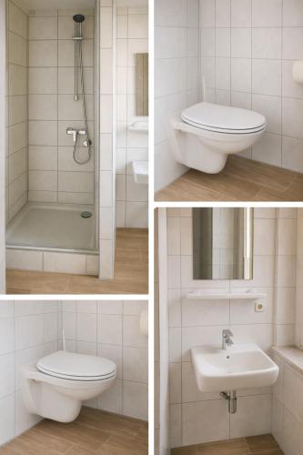 three pictures of a bathroom with a toilet and a sink at Monteurzimmer24-Leuna in Leuna