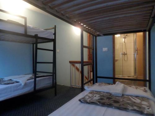 Ce dortoir comprend 2 lits superposés et une douche. dans l'établissement Guesthouse Titi Mostar, à Mostar