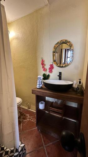 a bathroom with a sink and a mirror at Casona Bartolome in Morelia