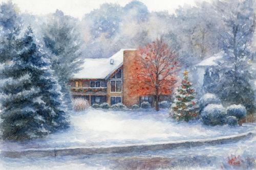 a painting of a house in the snow with a christmas tree at Portage Lakes Serenity in Akron