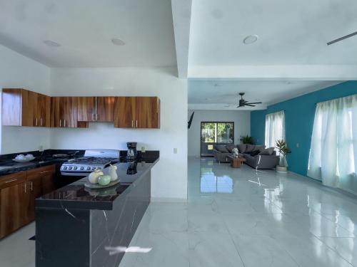 een keuken en een woonkamer met blauwe muren bij Estancia Sofia in Puerto Escondido