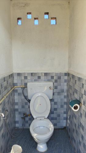 a bathroom with a white toilet in a blue tiled wall at Vila's Homestay in Kohīma