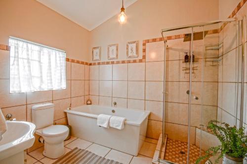 a bathroom with a tub and a toilet and a shower at Just Dandee in Naboomspruit