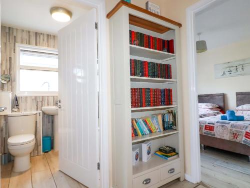 La salle de bains est pourvue de toilettes et d'une étagère avec des livres. dans l'établissement Merlin's Retreat, à Tintagel