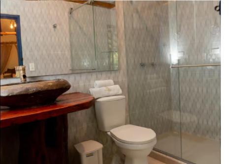 a bathroom with a toilet and a sink and a shower at Condado de Casa Grande in San Gil