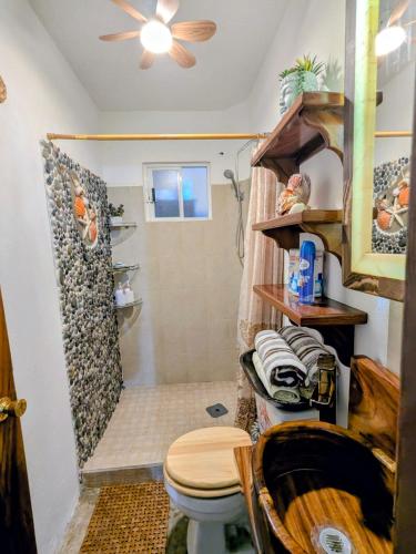 a bathroom with a toilet and a shower at Ixtapa al mejor precio, "Casa las Conchas" in Zihuatanejo