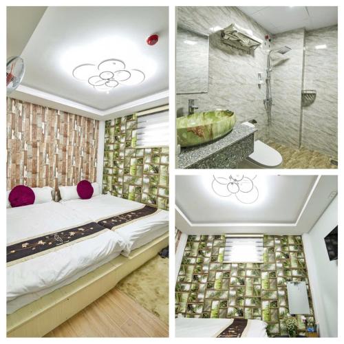 a collage of pictures of a bathroom with a bed and a shower at Sunshine - Tia Nắng Mới in Da Lat