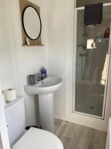 a bathroom with a sink and a toilet and a mirror at Withamside Country Park in Boston