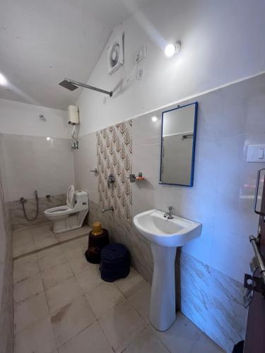une salle de bains avec lavabo, toilettes et miroir dans l'établissement Home in the Jungle, à Seonī