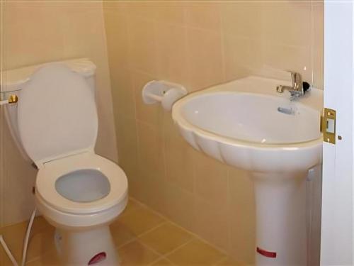 a bathroom with a white toilet and a sink at Baan Rim Khong Hotel in Ban Tha Khwai