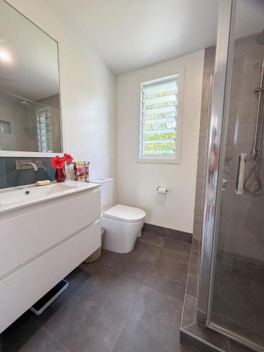 a bathroom with a toilet and a sink and a shower at The Green House in Matavera