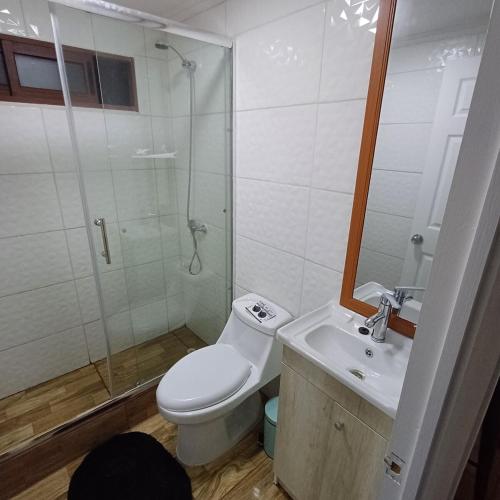 een badkamer met toilet, douche en wastafel bij Tiny Tunquen in Valparaíso