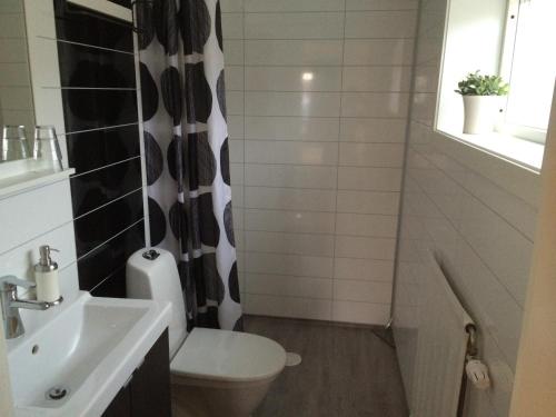 a bathroom with a toilet and a sink at Lustigsgården Boutique Hotel in Rättvik