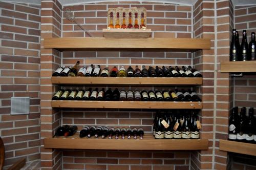 a wine cellar with a wall of wine bottles at Penzion Troja in Lipany