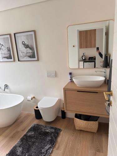 un bagno con lavandino, WC e specchio di Two Tides a Ballito