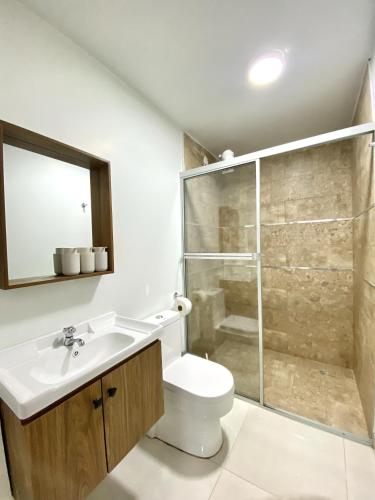 a bathroom with a toilet and a sink and a shower at Suite Matrimonial 3plz con cocina y garage in Baños