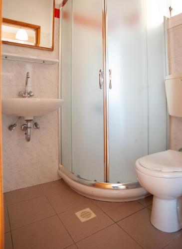 a bathroom with a shower and a toilet and a sink at Rosa's Beach Studios in Lourdata