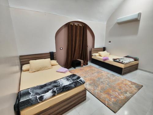 a bedroom with two beds and a rug at Sunrise in Abu Simbel