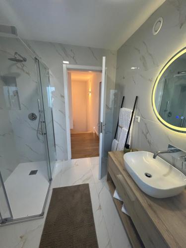 een badkamer met een wastafel, een douche en een spiegel bij Quinta do Passal in Parada de Ester