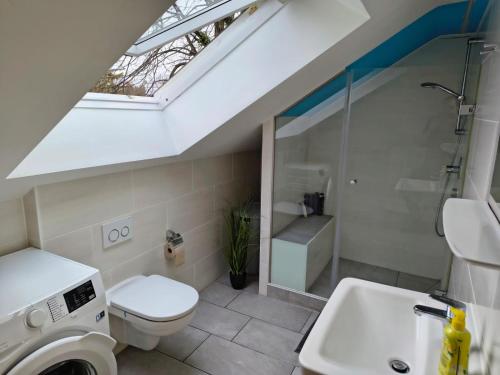 a bathroom with a toilet and a sink and a skylight at Hostel Fantasy in Gröbenzell