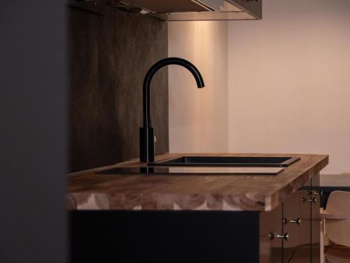 a kitchen with a sink and a counter top at Grifone Dolomiti Resort in Livinallongo del Col di Lana