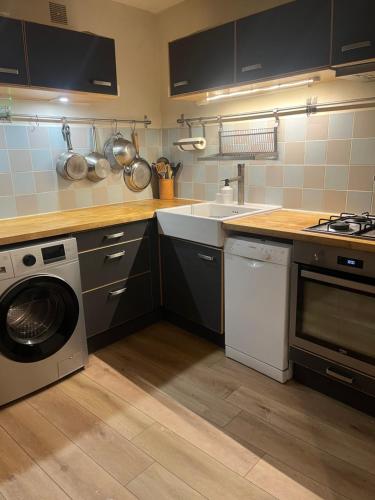 eine Küche mit Waschmaschine und Spüle in der Unterkunft Les Jardins suspendus in Angoulême