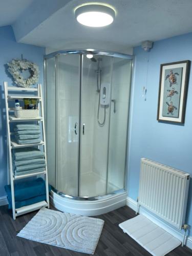a shower in a bathroom with a blue wall at Cute and cosy cottage in the lovely Oxton village in Birkenhead