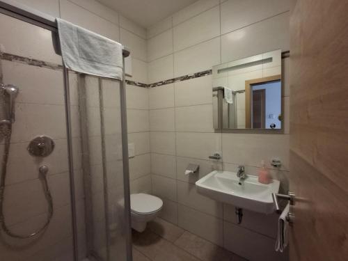 Bad Wimsbach-NeydhartingGästehaus Watschinger的带淋浴、马桶和水槽的浴室