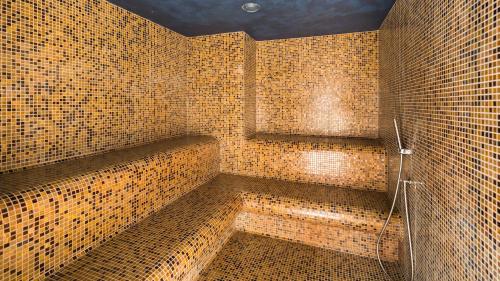 a bathroom with brown tiled walls and a shower at BARTAL APARTMENTS - Špindlerův Mlýn in Špindlerův Mlýn