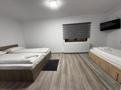 a bedroom with two beds and a flat screen tv at Casa Lupilor 2 Vidraru in Căpăţîneni-Ungureni