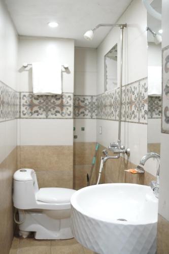 a bathroom with a sink and a toilet at Hotel Shanze Palace in Lahore