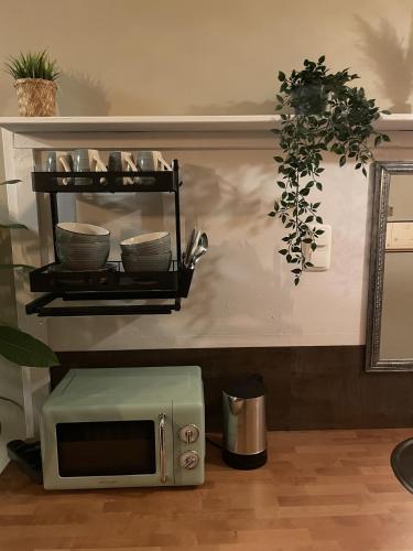 een keuken met een magnetron en een plank met borden bij Urban Capsule in Dresden