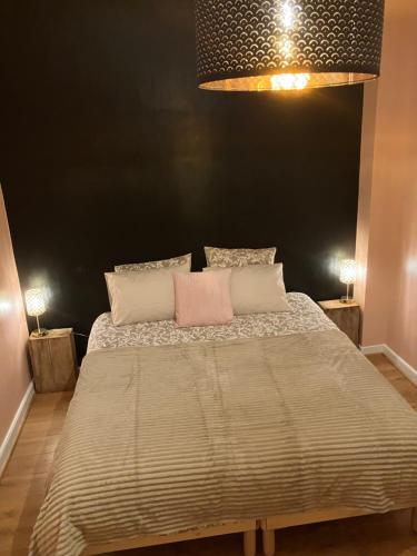 een slaapkamer met een groot bed met een zwarte muur bij Amis Wine House in Pomerol