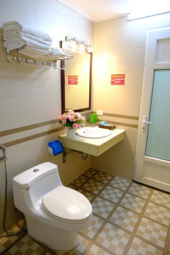 a bathroom with a white toilet and a sink at Hotel Sao Xanh in Sapa