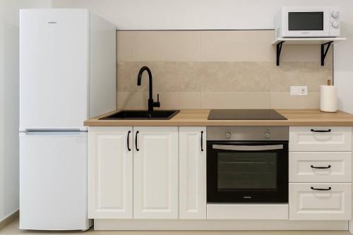 een keuken met witte kasten, een spoelbak en een magnetron bij Alojamiento Baeza California 4A in Baeza