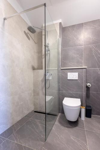 a bathroom with a toilet and a glass shower at Villa Teuta by Villas Guide in Baćina