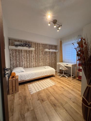 een slaapkamer met een bed en een bureau bij Central-home in Târgu Jiu