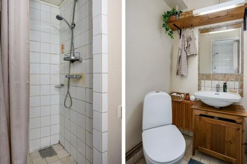 a bathroom with a toilet and a sink at Homey Stay in Halmstad