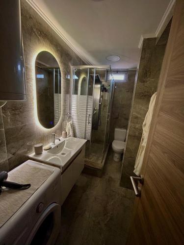 a bathroom with a sink and a shower and a toilet at Tilia in Zaječar