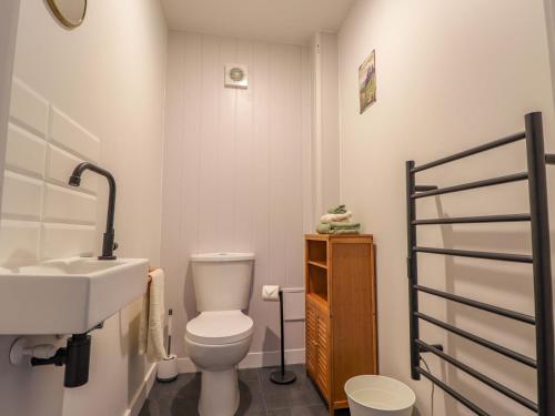 a bathroom with a white toilet and a sink at Faodail House in Portree